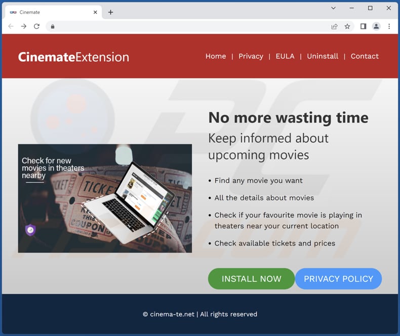 Sito ufficiale di promozione dell'adware Cinemate