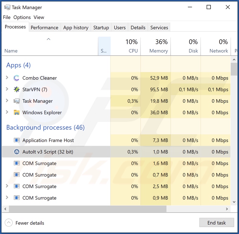 Esempio del del processo del malware CryptoWallet Address Replacing su Task Manager di Windows