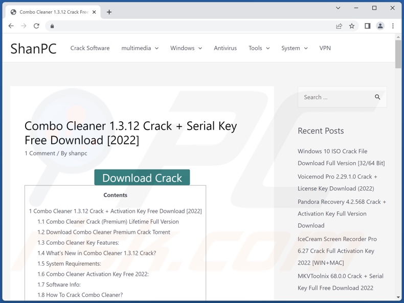 Example of cracked software Esempio del malware CryptoWallet Address Replacing che promuove un sito (sito di dowaload di software 