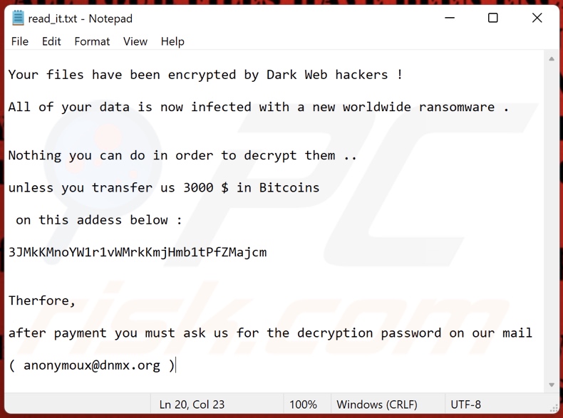 Screenshot del file di testo creato da un'altra variante di Dark Web Hacker ransomware (