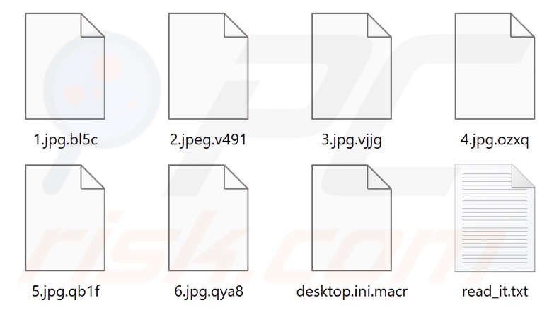 Screenshot dei file crittografati dal ransomware Dark Web Hacker (estensione composta da quattro caratteri casuali)