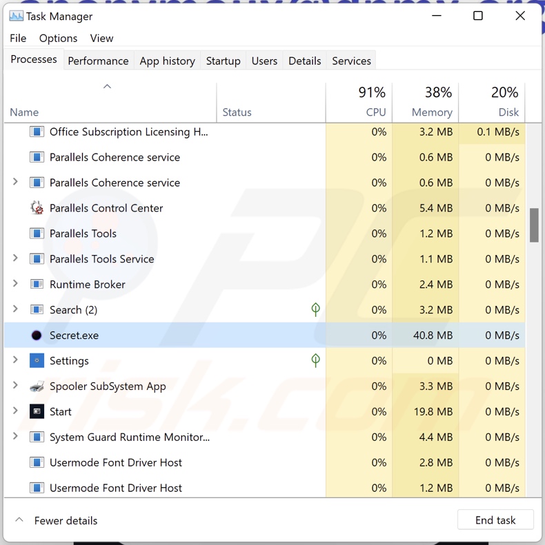 Screenshot del processo di Dark Web Hacker ransomware nel Task Manager di Windows (nome del processo 