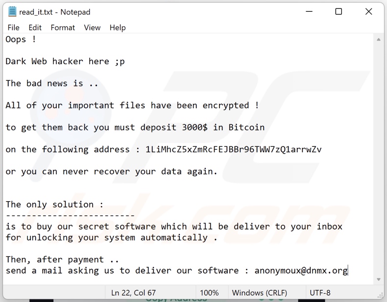Screenshot del file di testo di Dark Web Hacker ransomware (