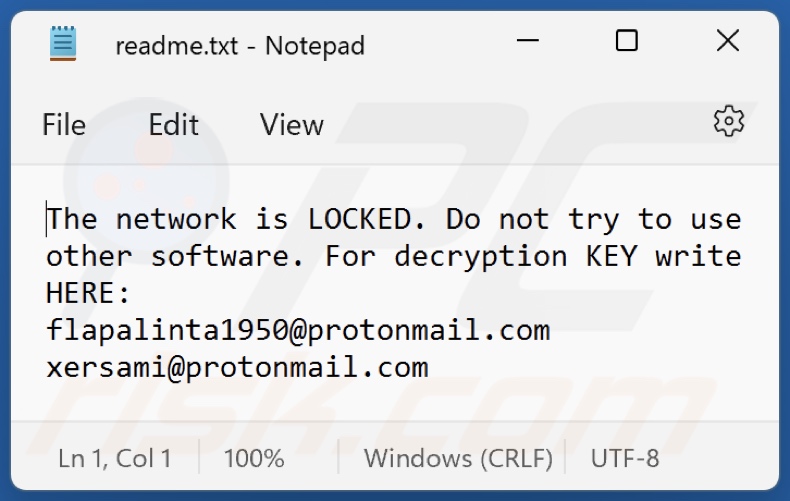 Screenshot del file di testo di DENO ransomware (