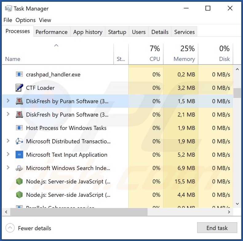 Screenshot del processo di DiskFresh nel Task Manager di Windows (nome del processo 