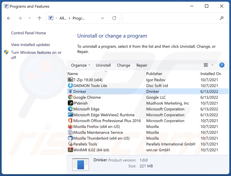 Disinstallazione dell'adware Drinker tramite il pannello di controllo