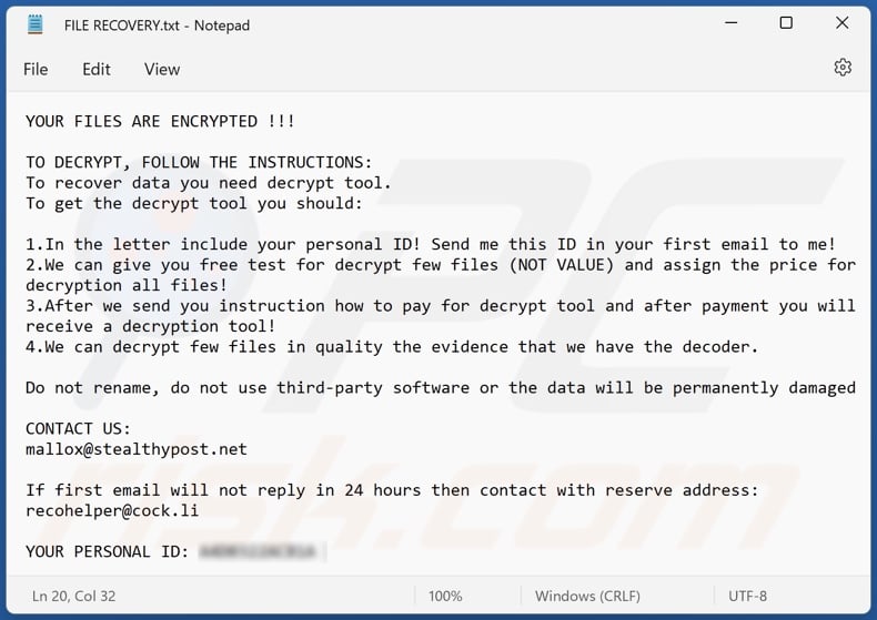 Screenshot del file di testo di FARGO ransomware (
