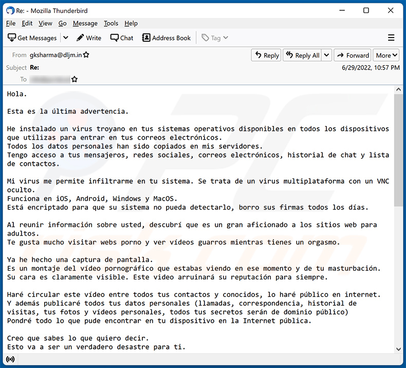 Ancora un'altra variante spagnola di questa campagna di spam Hello, Sacrifice. This Is My Last Warning!!!  (2022-06-30)
