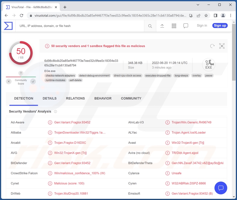 Rilevamenti di malware IceXLoader su VirusTotal