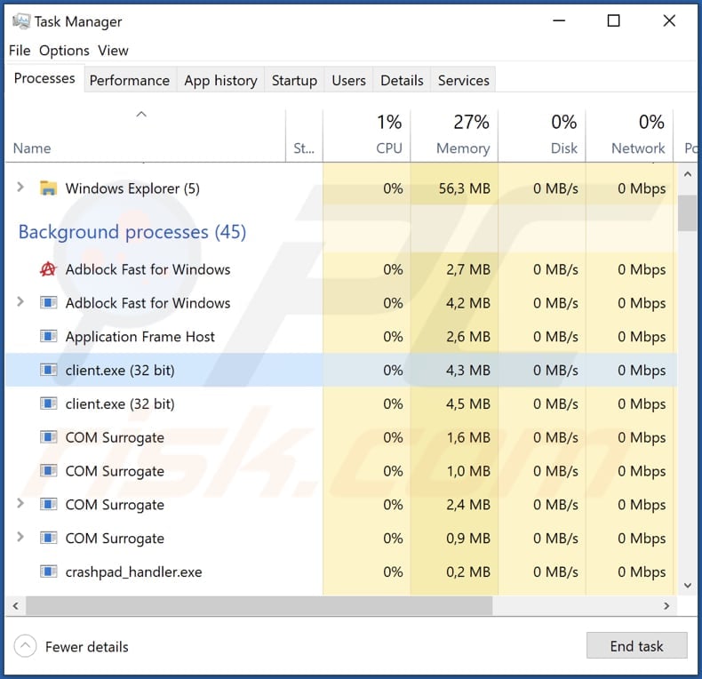 malware proxy2service in esecuzione nel task manager come client.exe