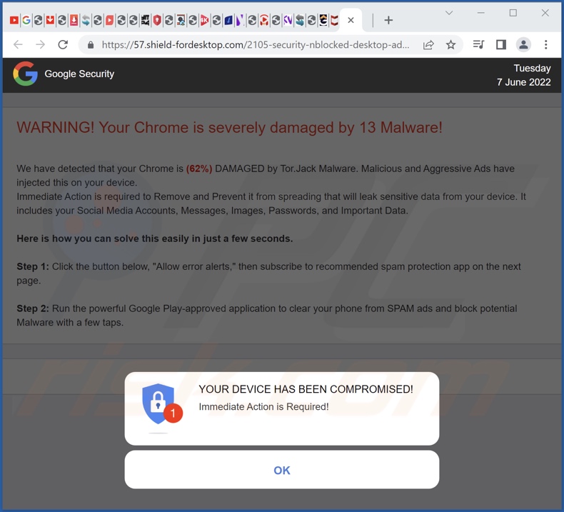 Screenshot di shield-fordesktop[.]com che promuove la truffa 