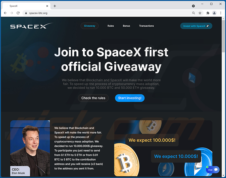 Ancora un altro esempio di truffa in omaggio a criptovalute a tema SPAceX - spacex-btc.org