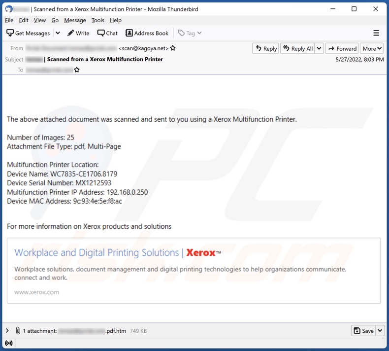 Xerox Multifunction Printer campagna di spam via email