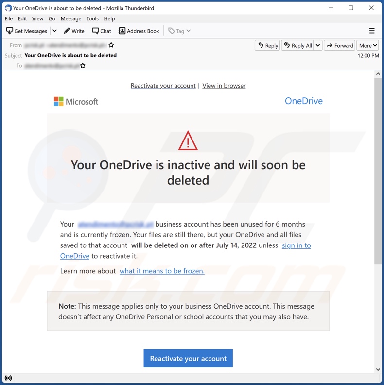 Your OneDrive Is Inactive And Will Soon Be Deleted campagna di spam via e-mail