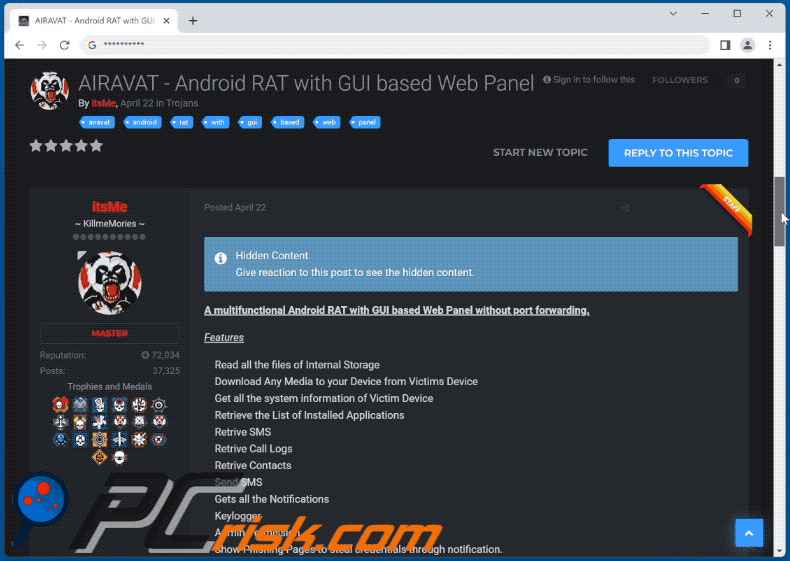 Aspetto del malware AIVARAT promosso sui forum degli hacker (GIF)