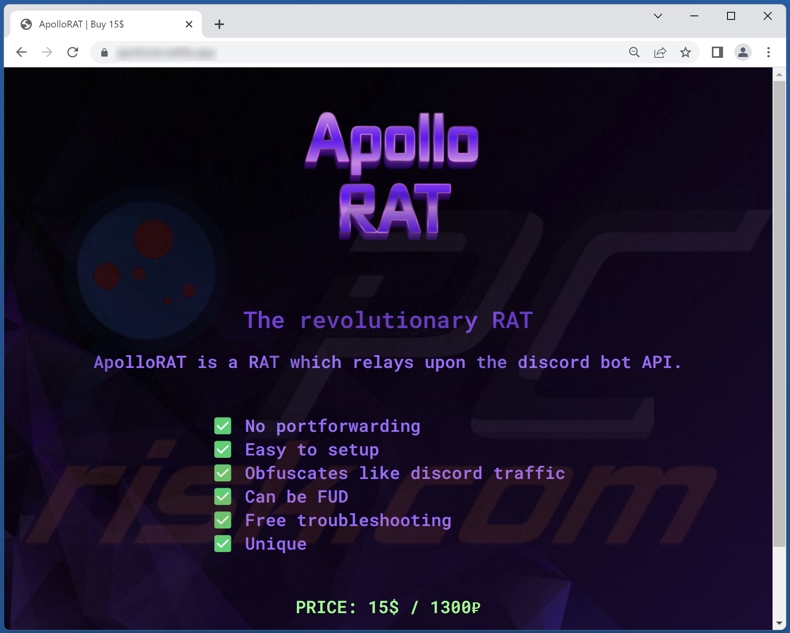 Screenshot di un sito Web utilizzato per promuovere il malware ApolloRAT