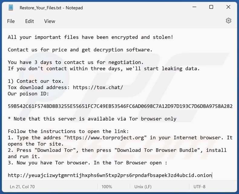 Lilith ransomware messaggio di richiesta di riscatto (Restore_Your_Files.txt)