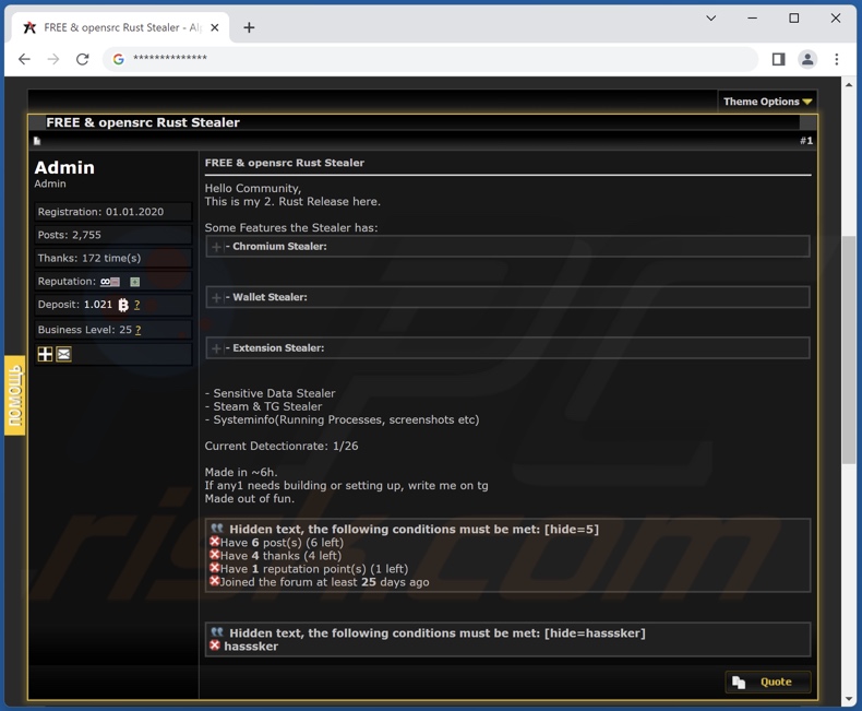 Luca stealer malware promScreenshot dello stealer Luca promosso sui forum degli hackeroted online