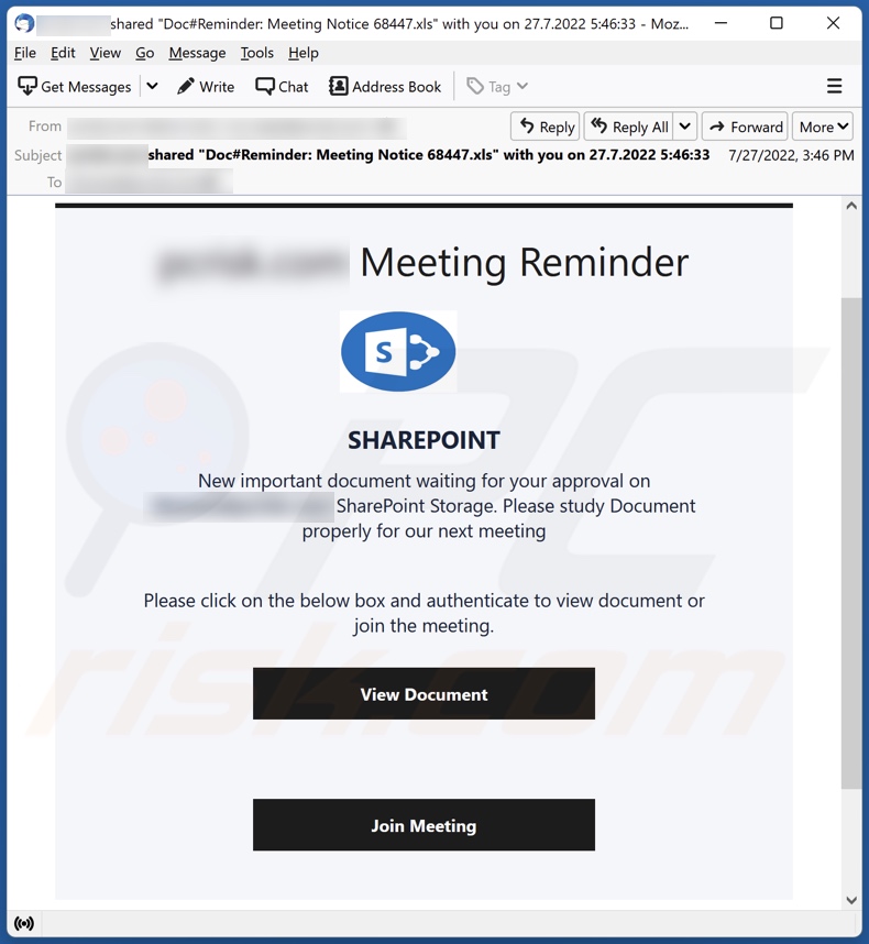 Meeting Reminder campagna di spam via email