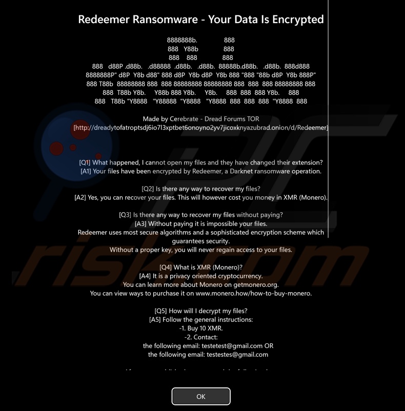 Screenshot del messaggio del ransomware Redeemer 2.0 visualizzato prima della schermata di accesso