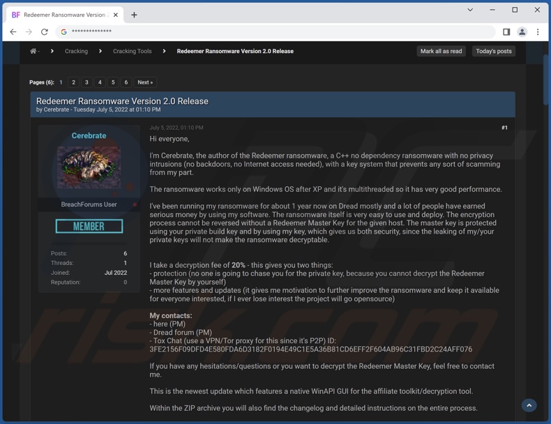 Screenshot del ransomware Redeemer 2.0 promosso sui forum degli hacker