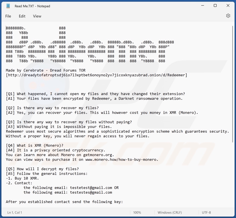 Schermata del file di testo del ransomware Redeemer 2.0 (