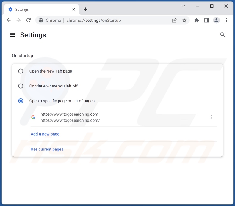 Rimozione di togosearching.com dalla home page di Google Chrome