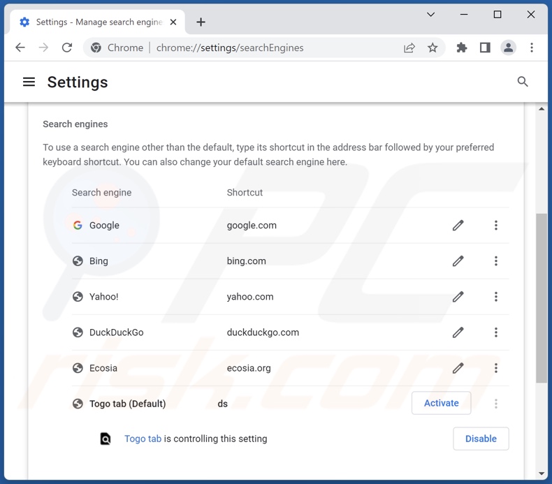 Rimozione di togosearching.com dal motore di ricerca predefinito di Google Chrome