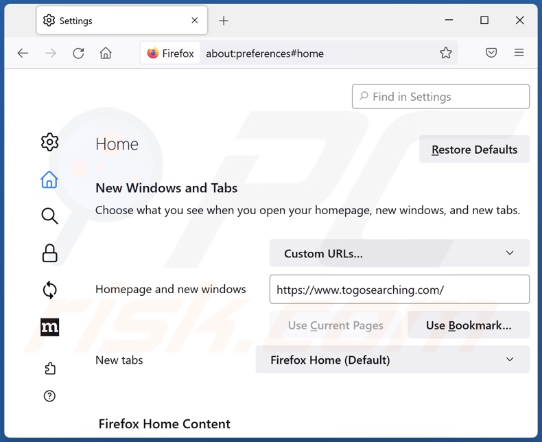 Rimozione di togosearching.com dalla home page di Mozilla Firefox