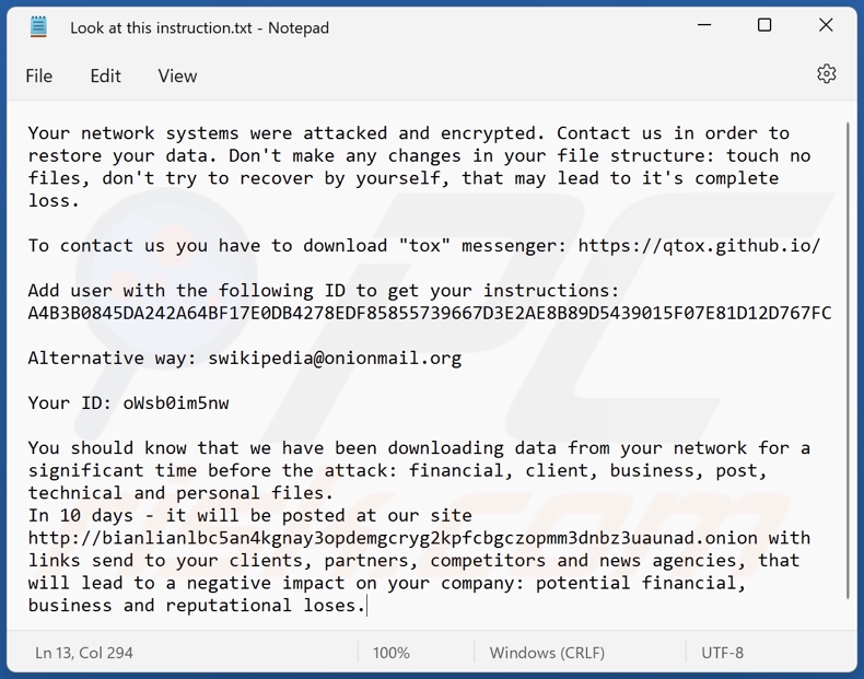 Screenshot del file di testo di BianLian ransomware (