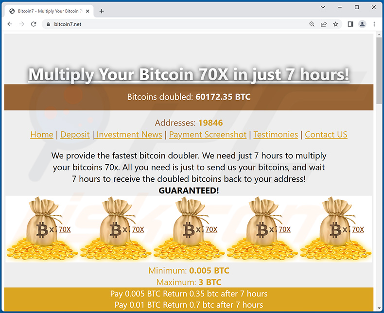 Ancora un altro esempio di sito web di truffa a tema Bitcoin giveaway (bitcoin7.net)