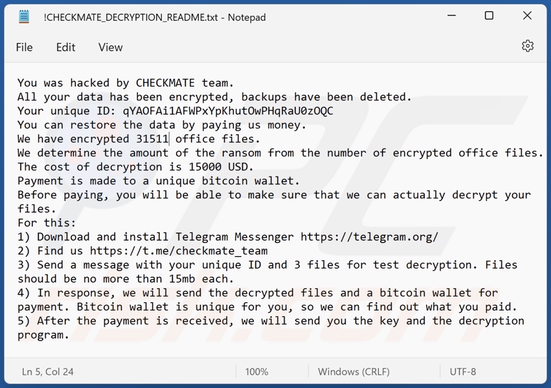 Screenshot del file di testo di Checkmate ransomware (
