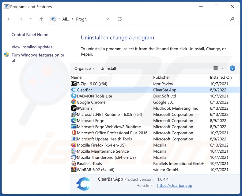 Disinstallazione dell'adware ClearBrowser tramite il Pannello di controllo