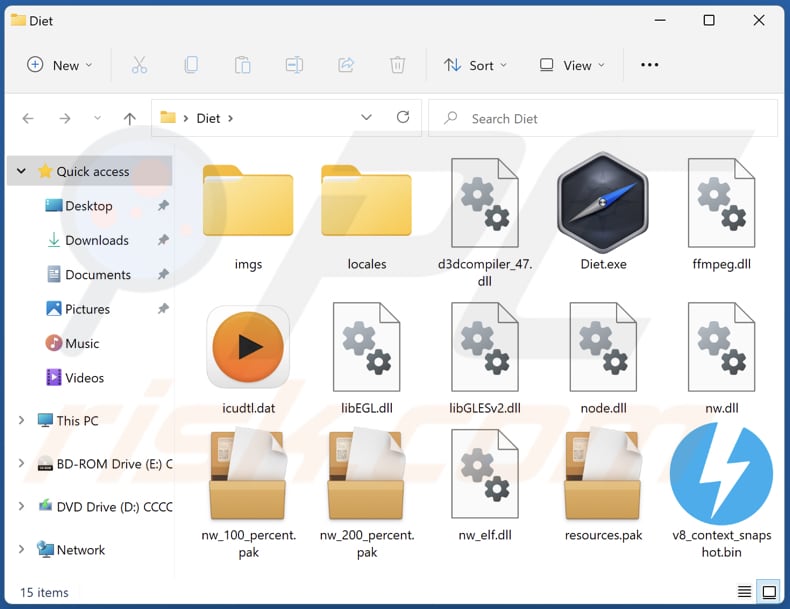 Cartella di installazione dell'adware Diet e relativo contenuto