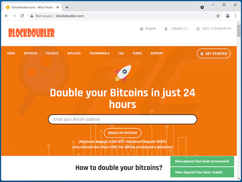Un altro esempio di sito web truffa a tema double bitcoin (2022-08-25)