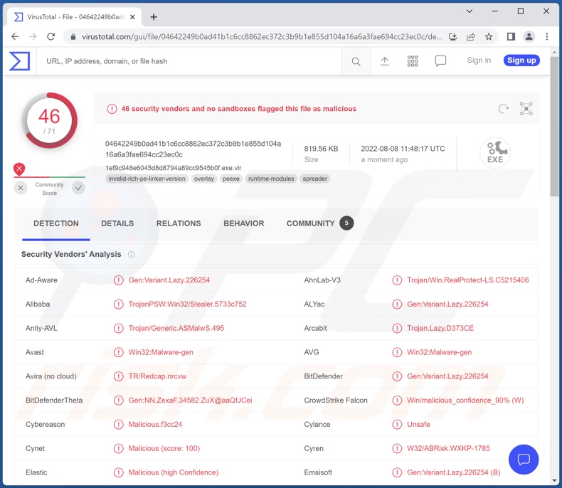 Rilevamenti di malware Erbium su VirusTotal