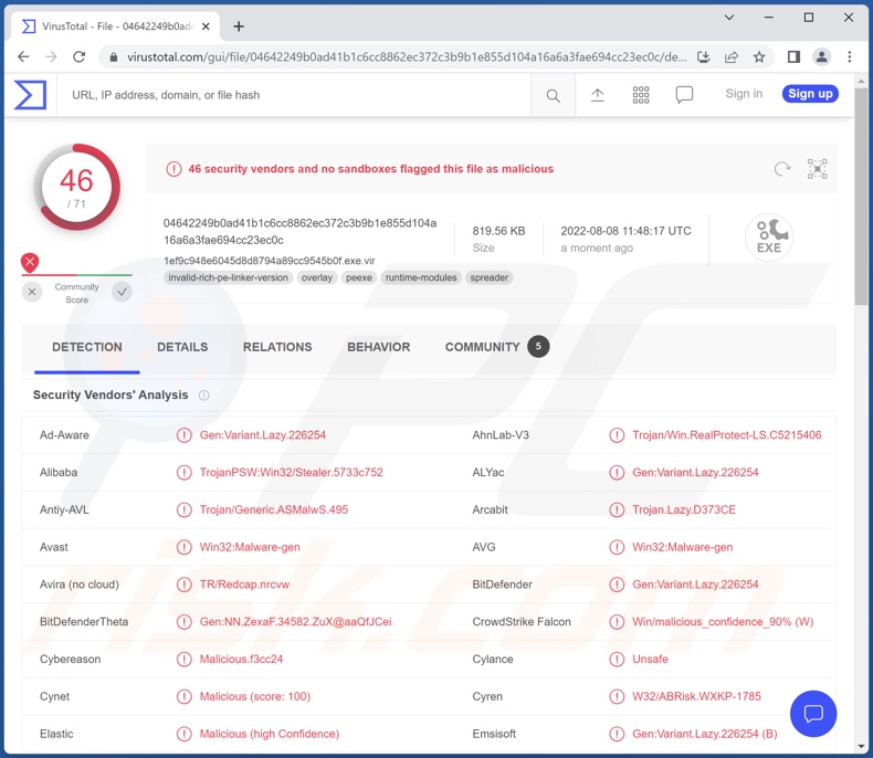 Rilevamenti di malware Erbium su VirusTotal