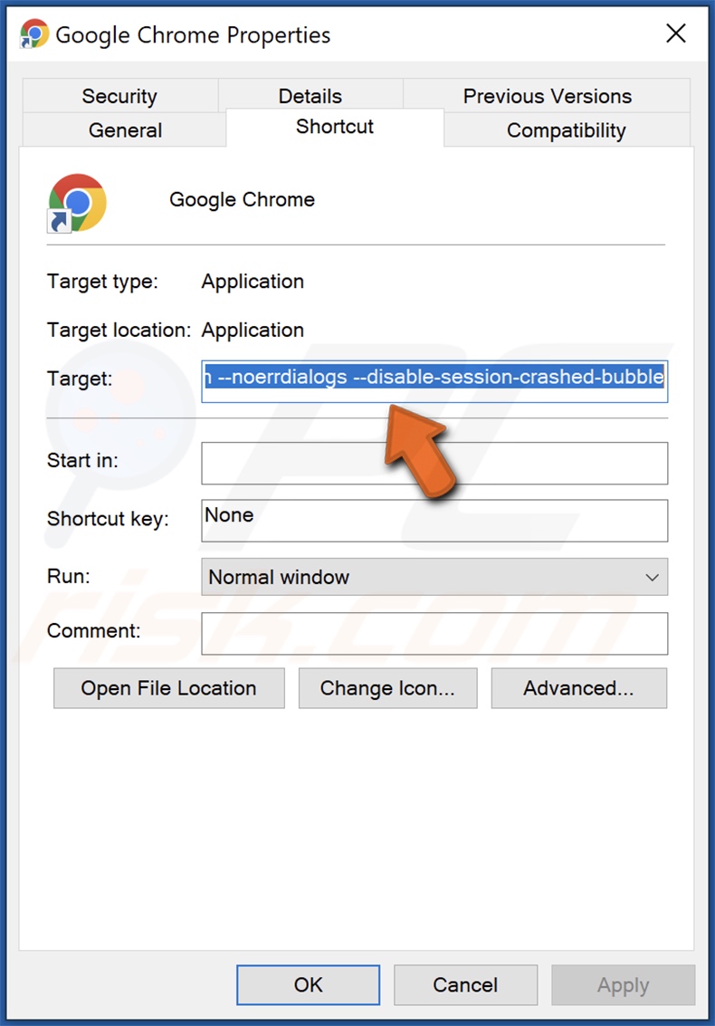 Screenshot della destinazione del collegamento del browser Chrome dal dirottatore del browser Extension Settings