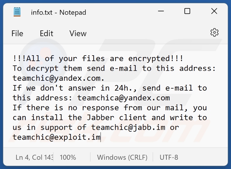 Screenshot del file di testo di FILE ransomware