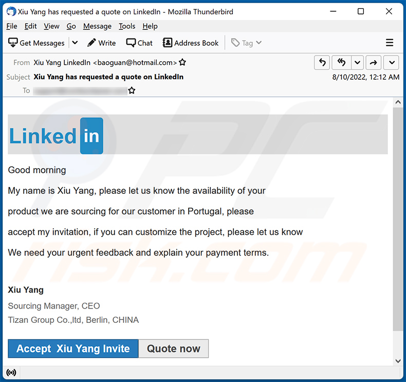 Un altro esempio di e-mail di spam a tema LinkedIn che promuove un sito di phishing site (2022-08-11)