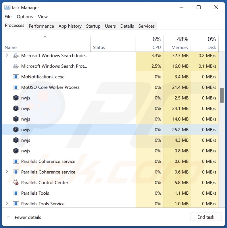 Screenshot del processo di OpenSubtitles Uploader su Task Manager di Windows (nome del processo 