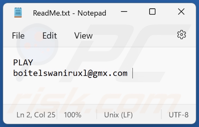 Screenshot del file di testo di PLAY ransomware (