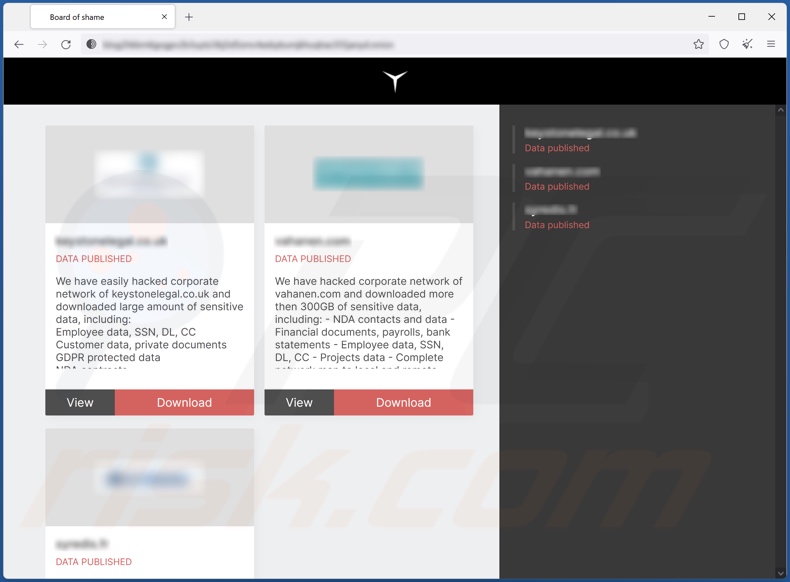 Screenshot del sito Web di RedAlert (N13V) ransomware (perdita di dati).
