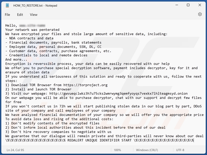 Screenshot del file di testo del ransomware RedAlert (N13V) (