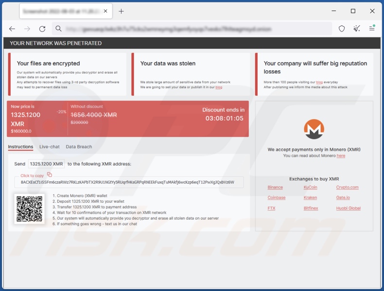 Screenshot del sito Web (a pagamento) del ransomware RedAlert (N13V)