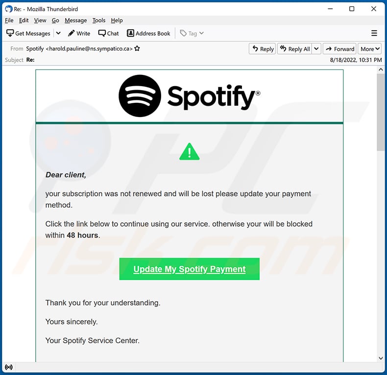 Un altro esempio di e-mail di spam a tema Spotify che promuove un sito di phishing (2022-08-19)