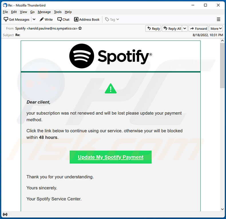 Un altro esempio di e-mail di spam a tema Spotify che promuove un sito di phishing (2022-08-19)