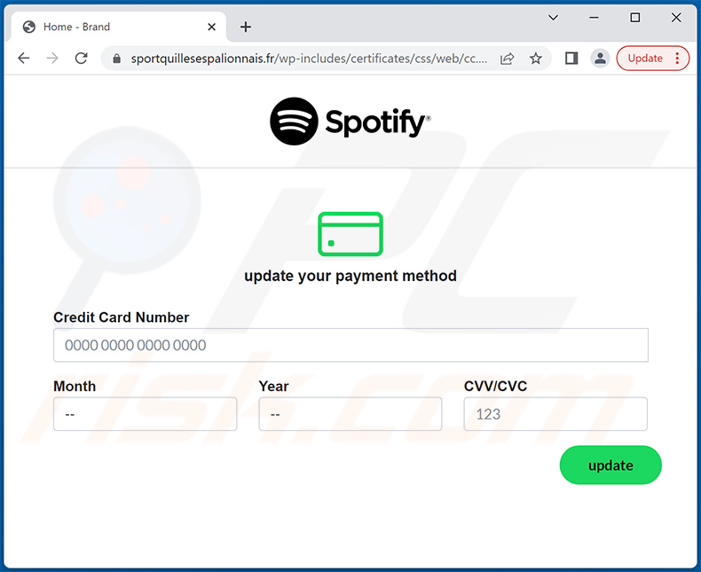 Sito di phishing - sportquillesespalionnais.fr - promosso tramite e-mail di spam a tema Spotify (2022-08-19)