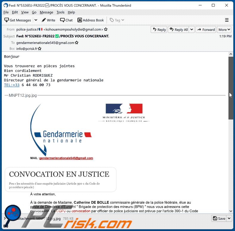 Summon To Court For Pedophilia comparsa e-mail truffa - Versione francese (GIF)