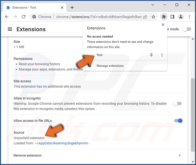 Screenshot della descrizione dell'estensione Tool